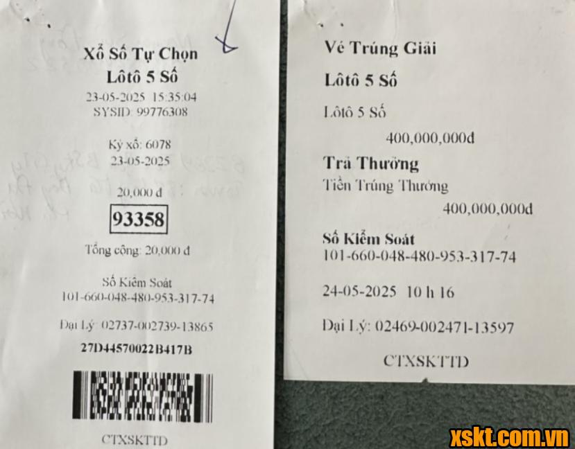 Khách hàng trúng 400 triệu đồng khi mua xổ số điện toán Lô tô 5 số ngày 23/5/2025